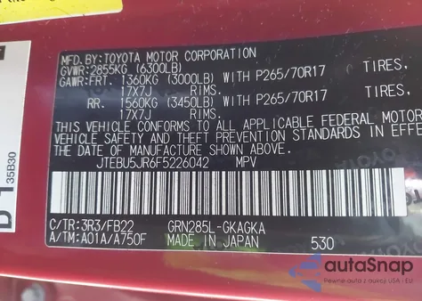 2015 Toyota 4Runner Sr5 z USA, uszkodzony, nr VIN JTEBU5JR6F5226042